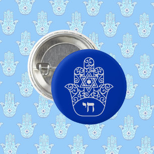 Blauw-wit Joodse Chai Hamsa Ster van David Ronde Button 3,2 Cm