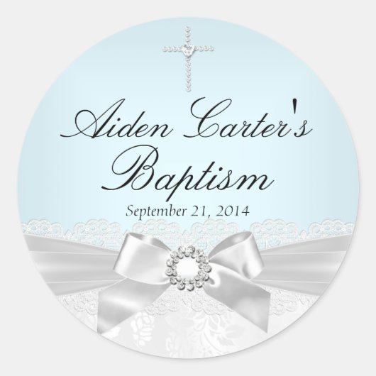 Blauw Wit Kant & Cross Baptism Sticker (Voorkant)