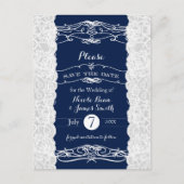 Blauw & Wit Kant Elegant Bruiloft Save the Date Aankondigingskaart (Voorkant)