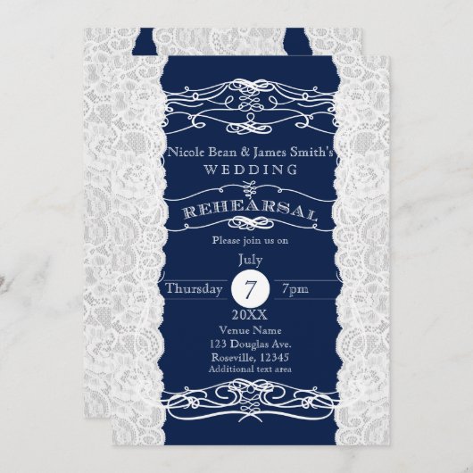Blauw & Wit Kant Huwelijksrepetities Kaart (Voorkant / Achterkant)
