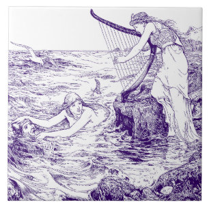  Blauw & Wit Keltische Harp & Zeemeermin Tegeltje