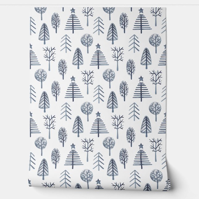 Blauw & wit Kerstboom patroon Wallpaper Behang (Afrollen)