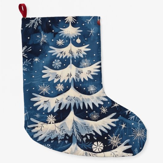 Blauw Wit Kerstboom Vakantie Stocking Grote Kerstsok (Voorkant)