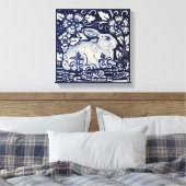 Blauw & Wit Konijn Bloemen Slakkenblad Chinois Art Canvas Afdruk (Insitu (Slaapkamer))