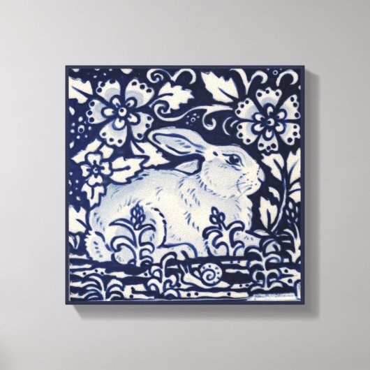 Blauw & Wit Konijn Bloemen Slakkenblad Chinois Art Canvas Afdruk (Voorkant)