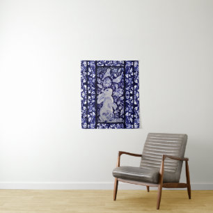 Blauw & Wit Konijn Vogel Bloemen Woodland Marine A Wandkleed