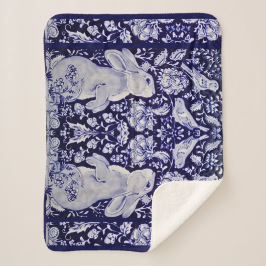 Blauw & Wit Konijn Vogel Bossen Marine Bloemen Kun Sherpa Deken (Voorkant)