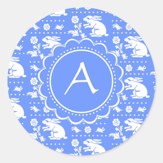 Blauw-wit konijnenkonijnenpatroon in stijl ronde sticker (Voorkant)