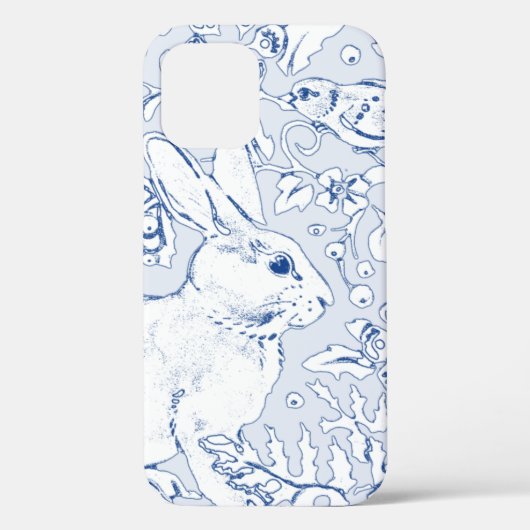 Blauw & Wit Konijnenvogel Bloemenblad Schets Case-Mate iPhone Case (Achterkant)