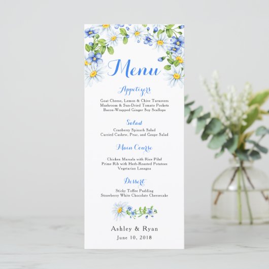 Blauw Wit Land Daisy Bloemen Bruiloft Menu (Staand voorkant)