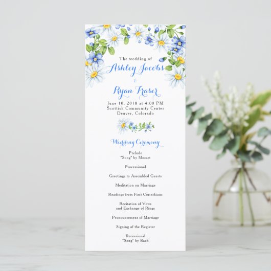 Blauw Wit Land Daisy Bloemen Bruiloft Programma (Staand voorkant)