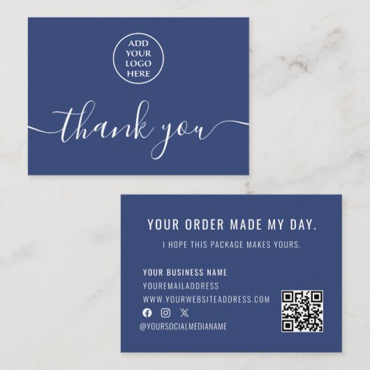 Blauw Wit Logo QR Code Bedankt voor uw bestelling Visitekaartje (Voorkant / Achterkant)