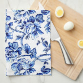 Blauw-wit Magnolias Toile de Jouy Theedoek (Quarter Fold)