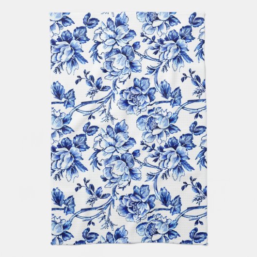 Blauw-wit Magnolias Toile de Jouy Theedoek (Verticaal)