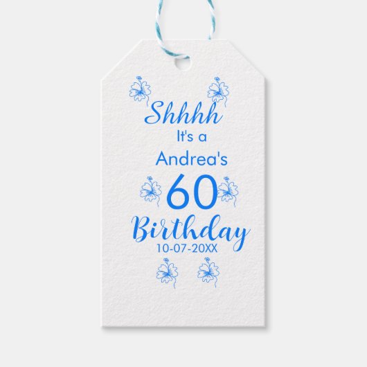 Blauw wit mauve shhhh 60ste verjaardag bloemnaam cadeaulabel (Voorkant)