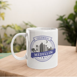 Blauw Wit Medellin Colombia Cityscape Logo Koffiemok