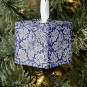 Blauw Wit Mediterraan  Bloemen Kerstmis Kubus Ornament