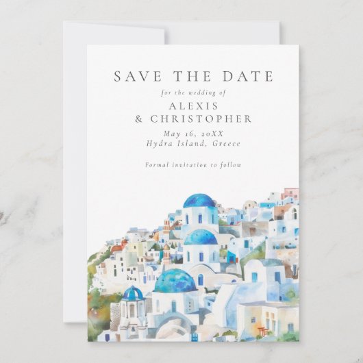 Blauw & Wit Mediterraan Landschap Bruiloft Save The Date (Voorkant)