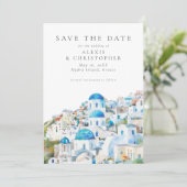 Blauw & Wit Mediterraan Landschap Bruiloft Save The Date (Staand voorkant)