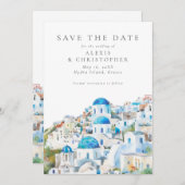 Blauw & Wit Mediterraan Landschap Bruiloft Save The Date (Voorkant / Achterkant)