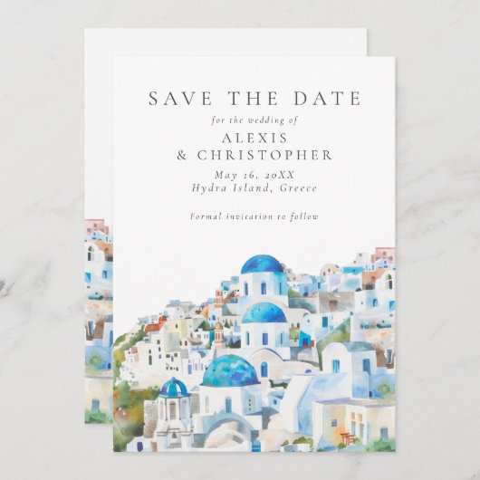 Blauw & Wit Mediterraan Landschap Bruiloft Save The Date (Voorkant / Achterkant)