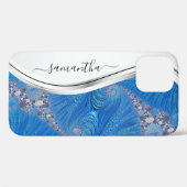 Blauw wit metaal handgeschreven monogram Case-Mate iPhone case (Achterkant (horizontaal))