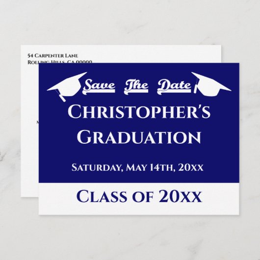 Blauw Wit Modern Classic Afstuderen Save the Date Briefkaart (Voorkant / Achterkant)