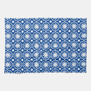 Blauw wit modern geometrisch bloempatroon theedoek