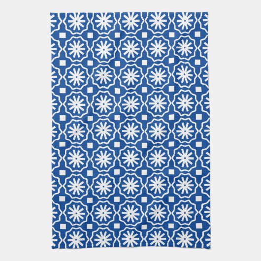 Blauw wit modern geometrisch bloempatroon theedoek (Verticaal)