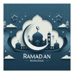 Blauw-wit modern Ramadan Mubarak Poster Perfect Poster