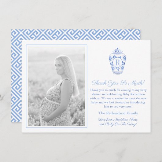 Blauw-wit Monogram Baby shower Afbeelding Bedankkaart (Voorkant / Achterkant)