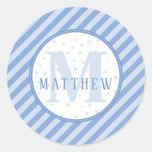 Blauw & Wit Monogram Baby Shower Ronde Sticker