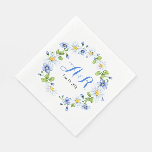 Blauw Wit Monogram Daisy Bloemen Bruiloft Servetten (Hoek)