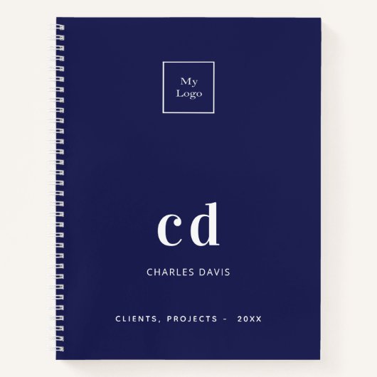 Blauw wit monogram initiaal bedrijfslogo notitieboek (Voorkant)