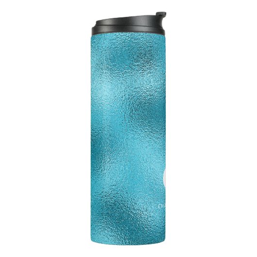 Blauw wit monogram, moderne minimalistische naam thermosbeker (Gedraaid links)