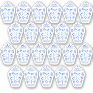 Blauw-Wit Monogram Preppy Gemberpot Sticker