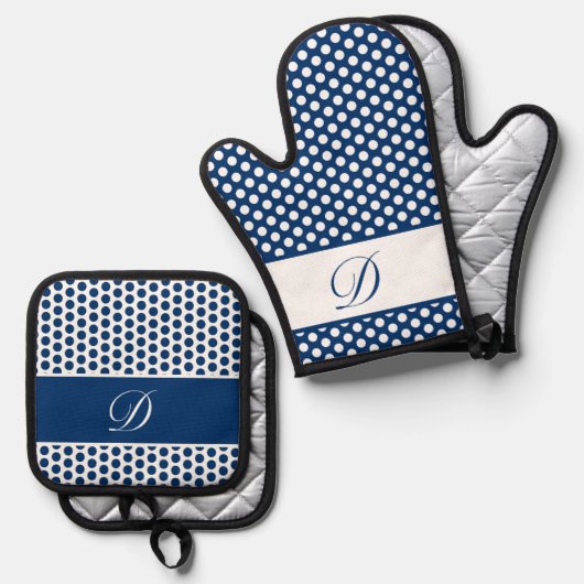 Blauw & Wit Monogrammed Polka-Dot Oven Mitt & Pot Ovenwant & Pannenlap Set (Voorkant / Achterkant)