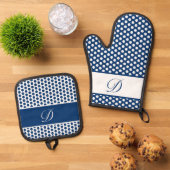 Blauw & Wit Monogrammed Polka-Dot Oven Mitt & Pot Ovenwant & Pannenlap Set (Top down)