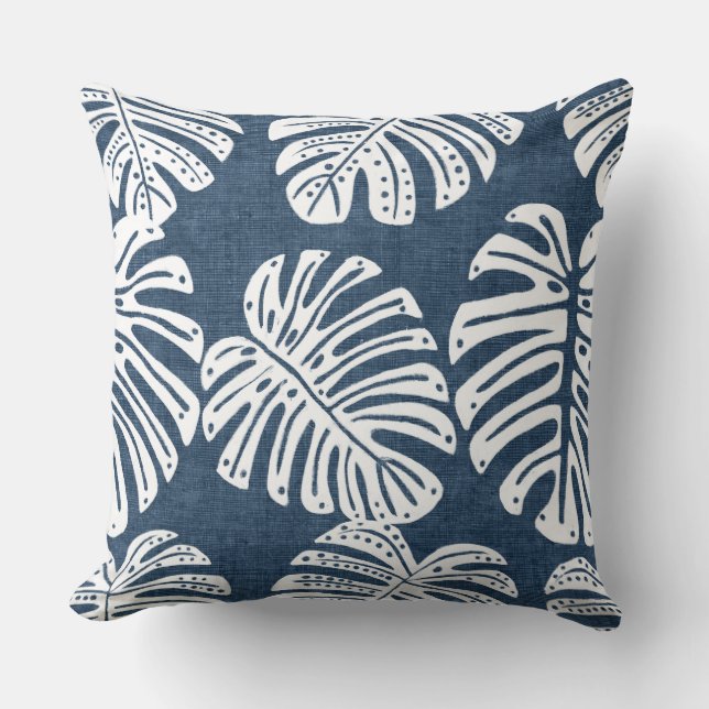 Blauw & Wit Monstera Leaf Sierkussen (Voorkant)