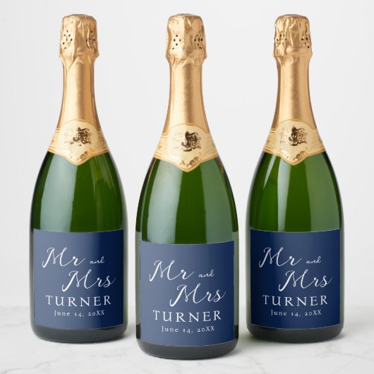Blauw-wit Mr en Mrs Wedding Sparkling Wijnetiket (Flessen)