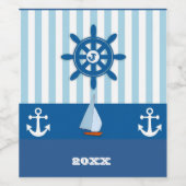 Blauw Wit Nautisch Anker Monogram Wijn Etiket (Enkel label)