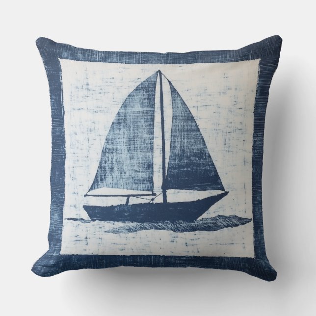 Blauw-Wit Nautisch Zeilboot Sierkussen (Voorkant)