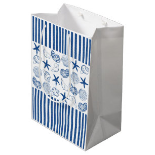 Blauw & Wit Nautische strepen en schelpen Medium Cadeauzakje