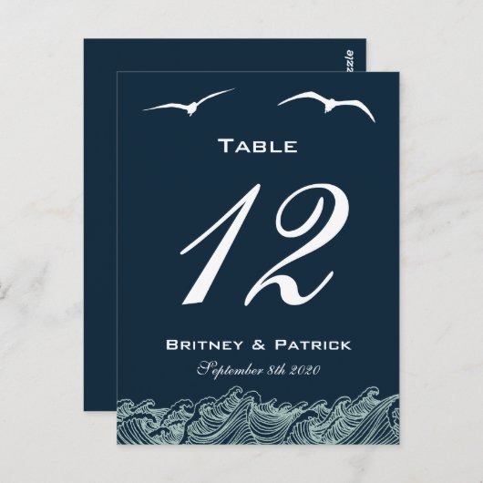 Blauw & Wit Nautische Trouwtafel Nummer Kaarten (Voorkant / Achterkant)