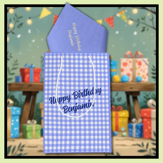 Blauw Wit Overeenkomende Patronen Gingham Medium Cadeauzakje