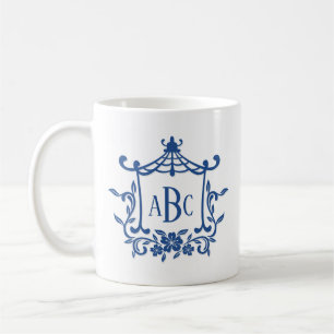 Blauw Wit Pagode Bloem Lijst Monogram Initialen Koffiemok