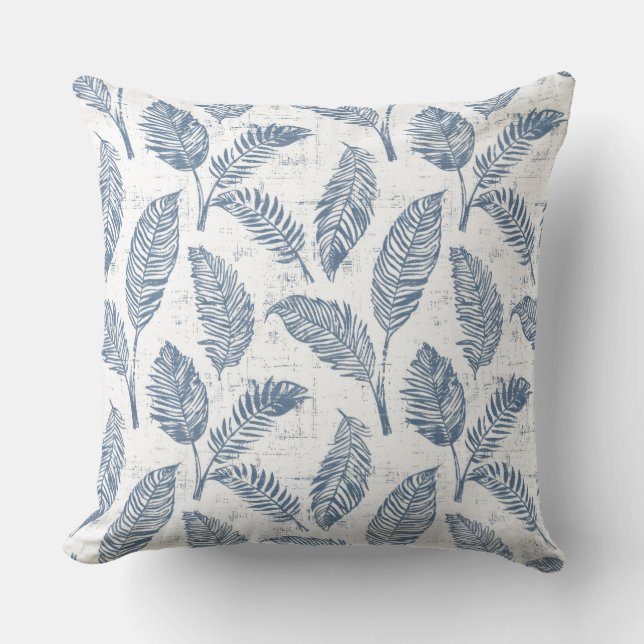 Blauw & Wit Palmblad Sierkussen (Voorkant)