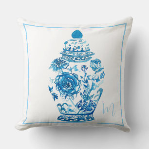 Blauw Wit Patroon Monogram Elegant Ginger Jar Kussen