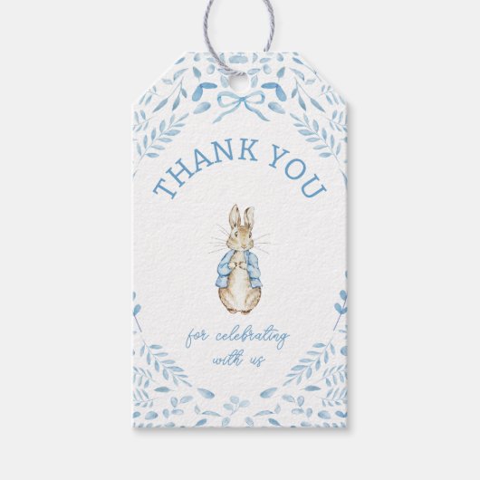 Blauw Wit Peter het Konijn Beatrix Baby shower Cadeaulabel (Voorkant)