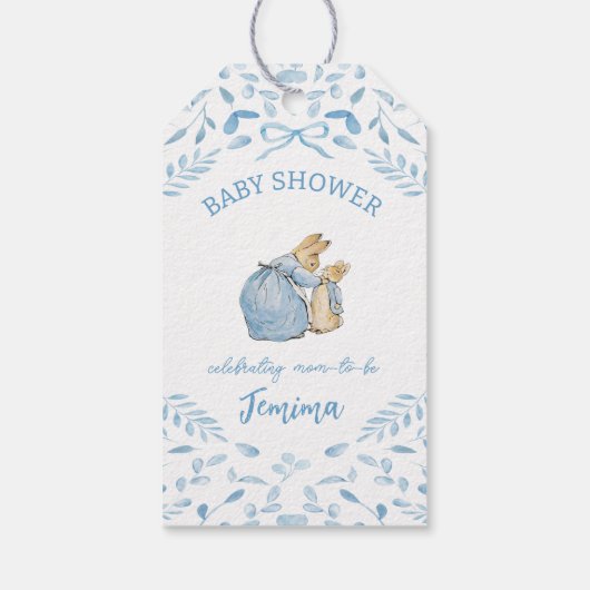 Blauw Wit Peter het Konijn Beatrix Baby shower Cadeaulabel (Achterkant)